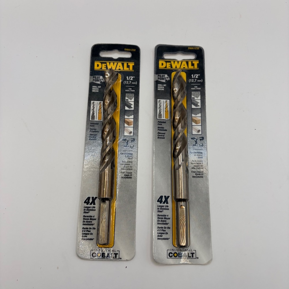 DeWALT DWA1232 1/2 Inch Industrial Cobalt Pilot Point Drill Bit Lot of 2 New